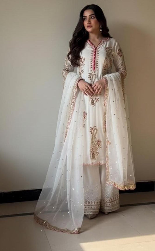 Elegant White kurta & Palazzo Set For Women With Intricate Embroidery - Women's Ethnic Wear