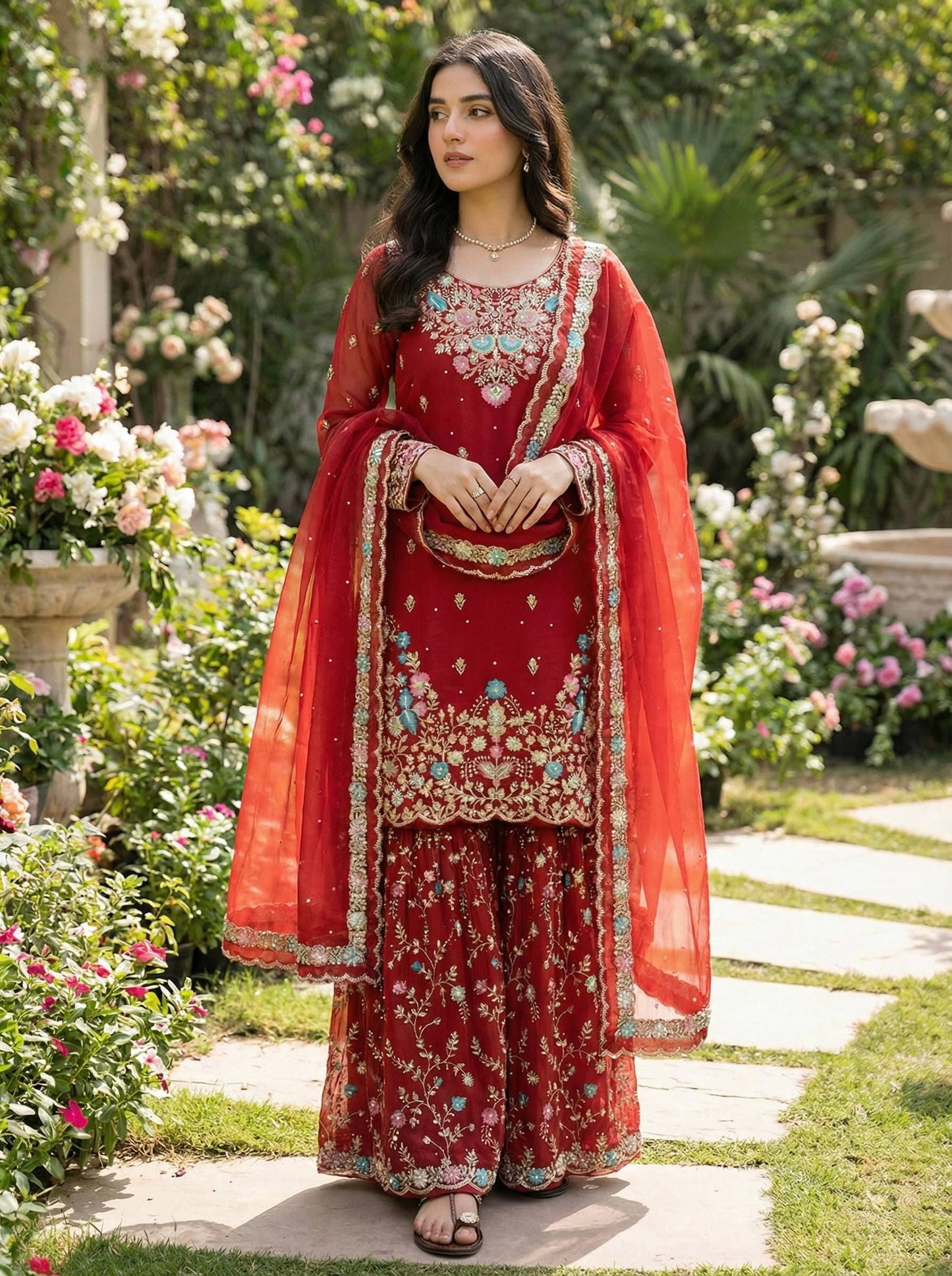 Premium Red Pakistani Wedding Wear & Designer Sharara For Women's - Salwar Kameez Readymade