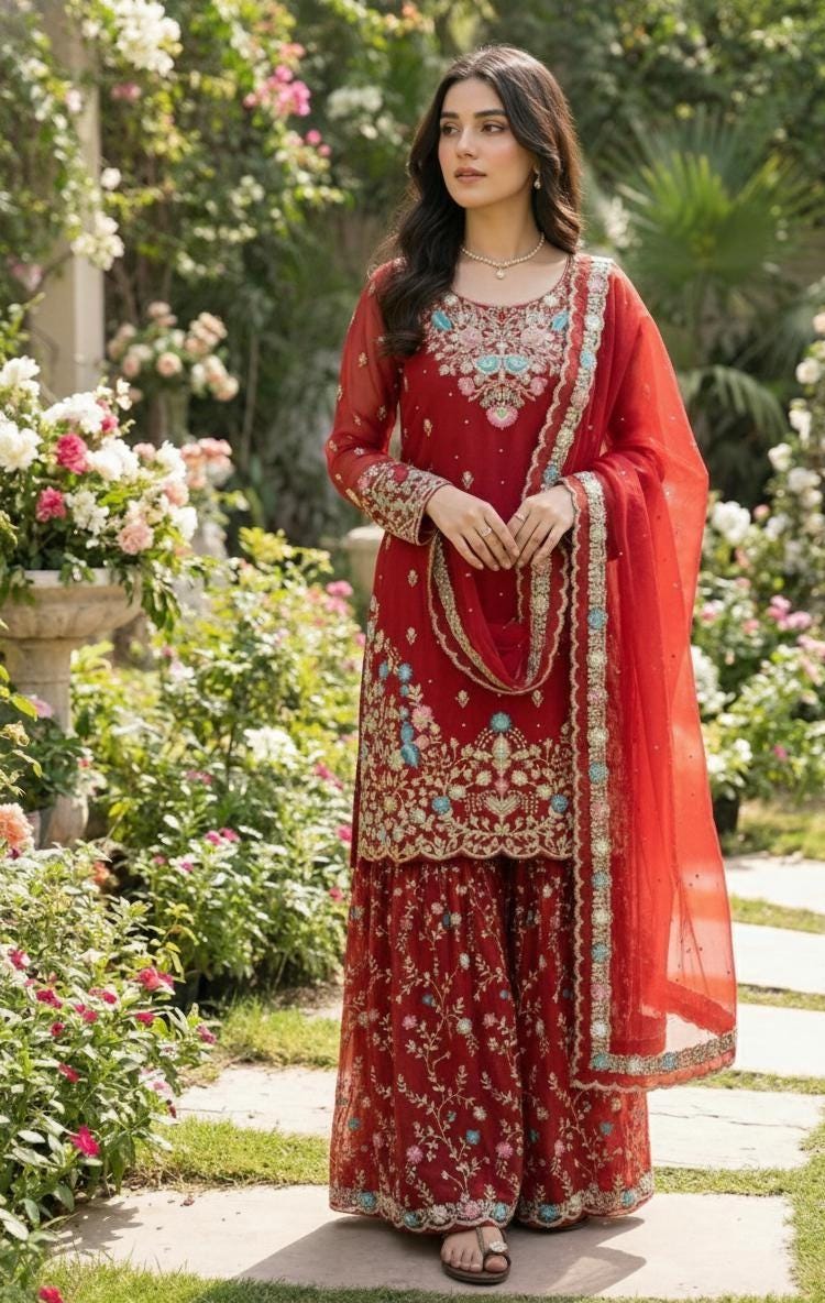 Premium Red Pakistani Wedding Wear & Designer Sharara For Women's - Salwar Kameez Readymade