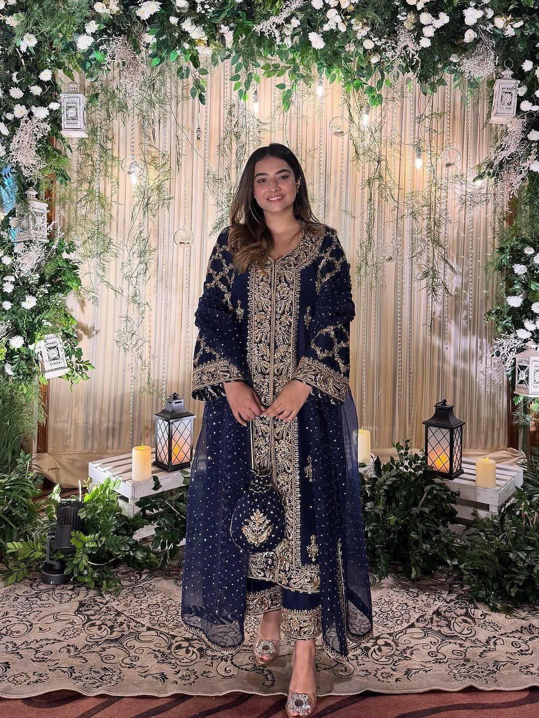 Dark Blue Indian Heavy Georgette With Sequin Embroidery & Matching Dupatta Kurti Palazzo Suit Set