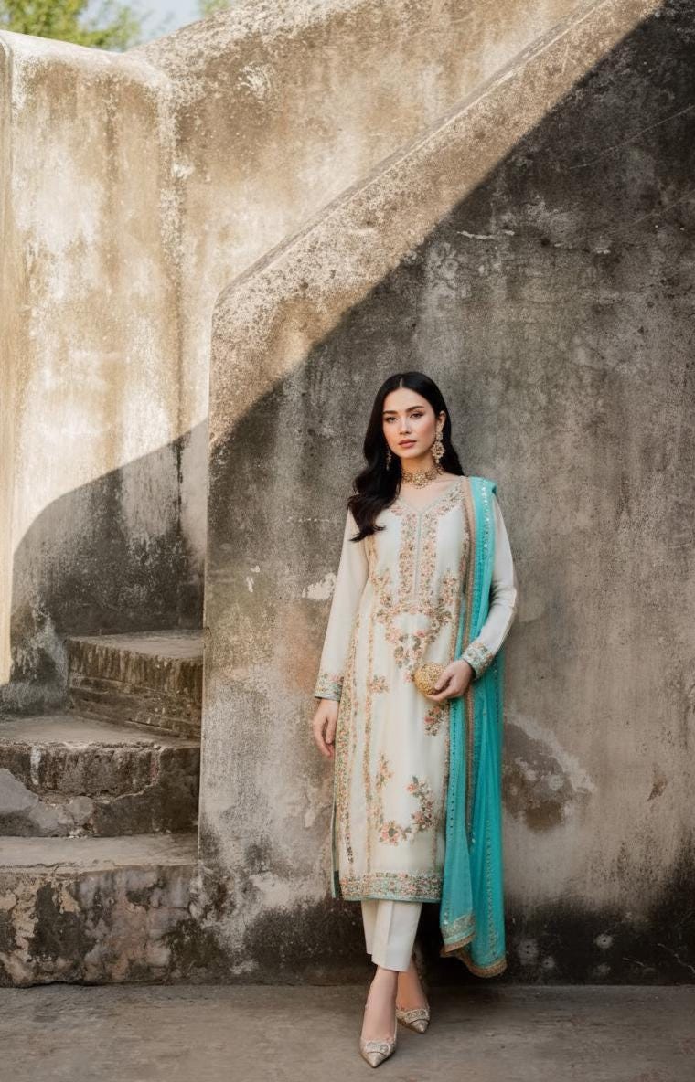 Premium White Silk Gold Embroidery Suit - Pakistani Wedding Dress