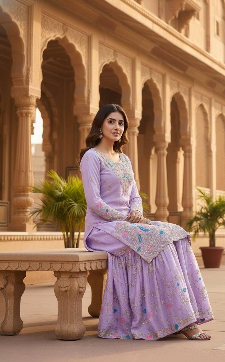 Lavender Top & Palazzo Suit With Floral Embroidery Matching Dupatta
