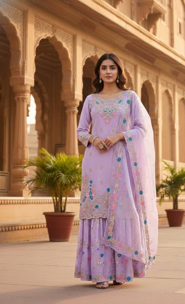 Lavender Top & Palazzo Suit With Floral Embroidery Matching Dupatta