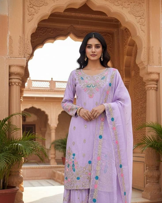 Lavender Top & Palazzo Suit With Floral Embroidery Matching Dupatta