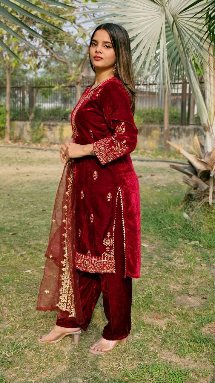 Red Designer Pure Velvet kurti & Pant With Matching Dupatta Co-Ord Set For Women's