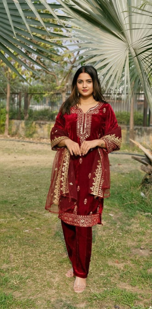 Red Designer Pure Velvet kurti & Pant With Matching Dupatta Co-Ord Set For Women's