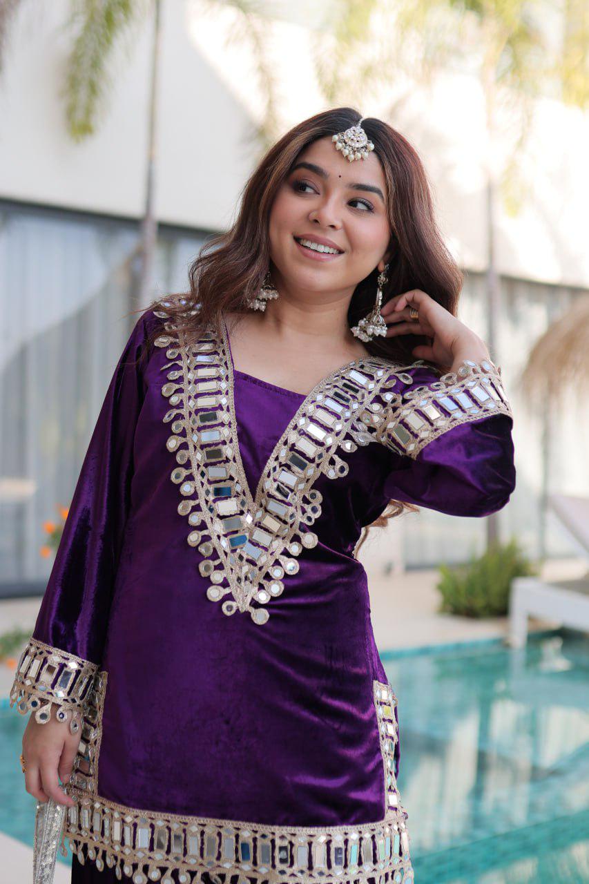Purple All Velvet Kurti & Palazzo Set | Real Mirror Work | Ready To Wear - Occasional Wear