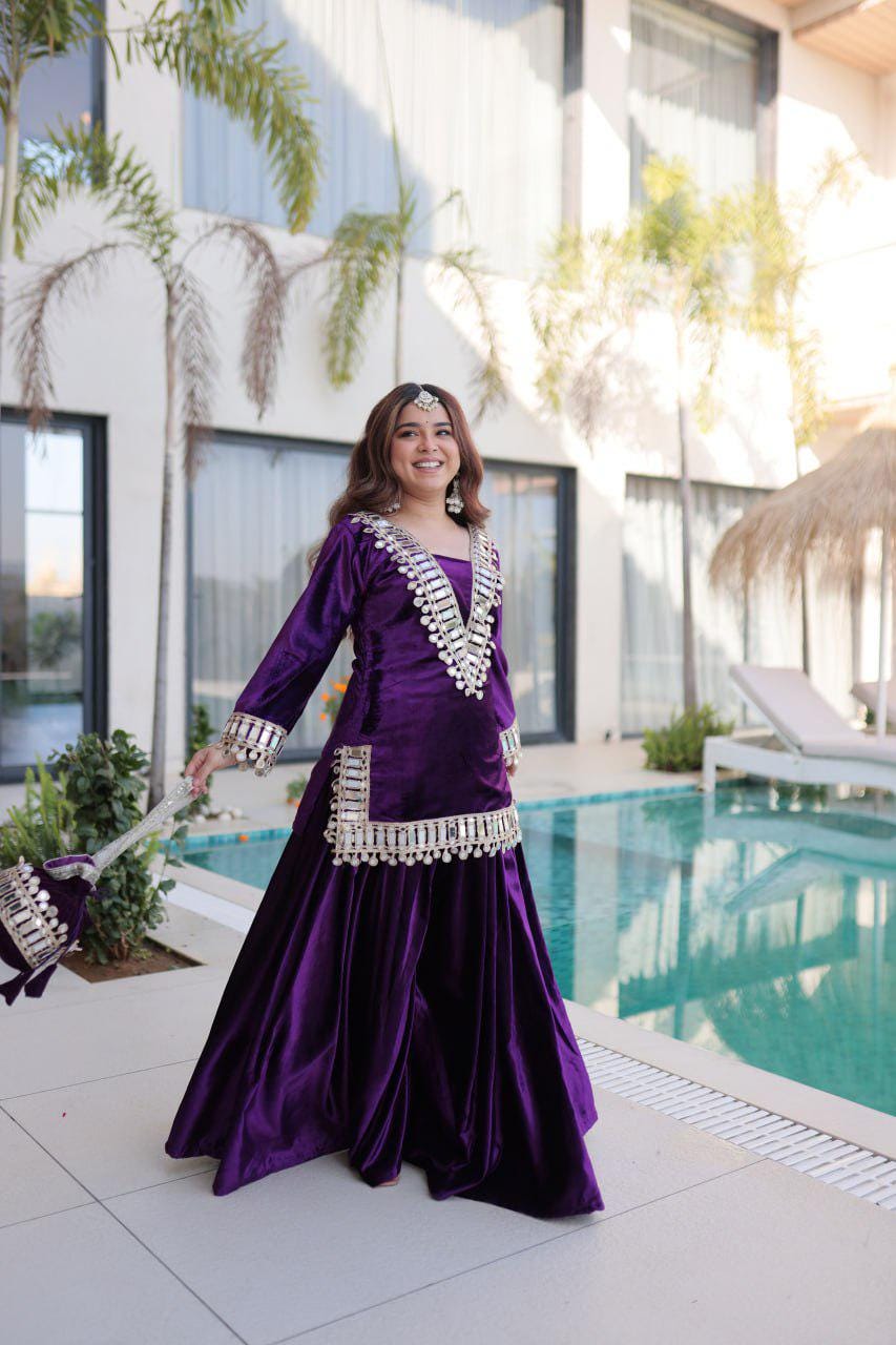 Purple All Velvet Kurti & Palazzo Set | Real Mirror Work | Ready To Wear - Occasional Wear