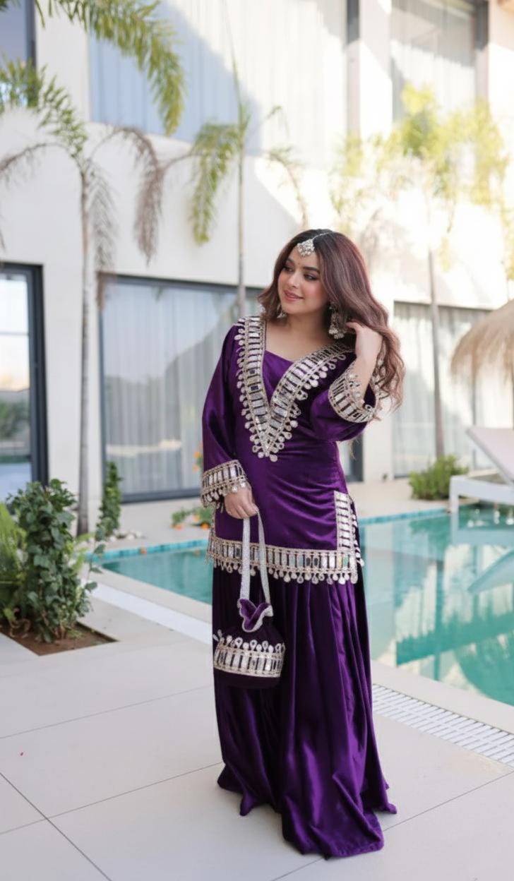 Purple All Velvet Kurti & Palazzo Set | Real Mirror Work | Ready To Wear - Occasional Wear