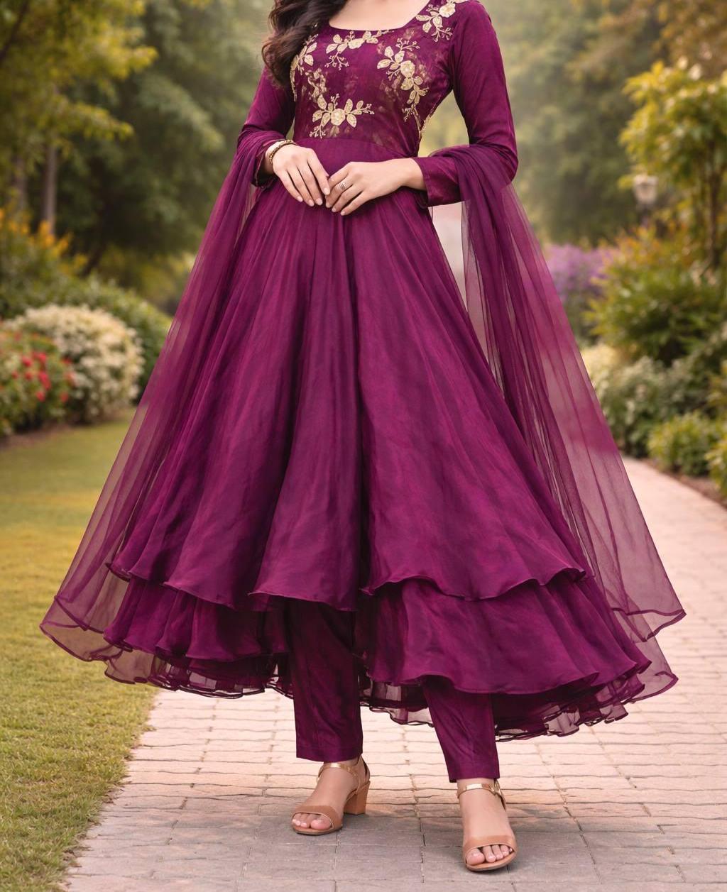 Women’s Wine Color Embroidered Anarkali Kurti Palazzo Set - Indian Wedding Gown