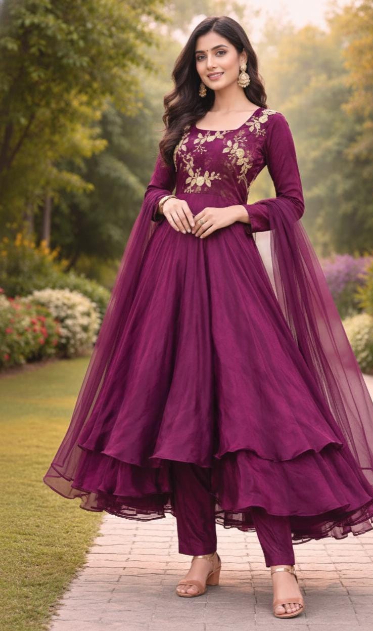 Women’s Wine Color Embroidered Anarkali Kurti Palazzo Set - Indian Wedding Gown