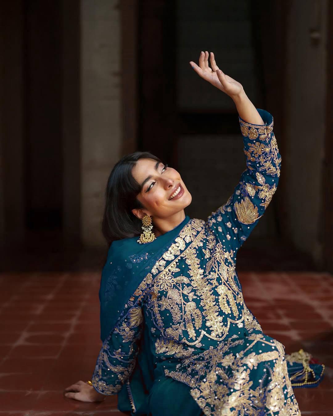 Elegant Blue Faux Georgette Embroidered Sequence Work Suit Set with Dupatta – Fully Stitched