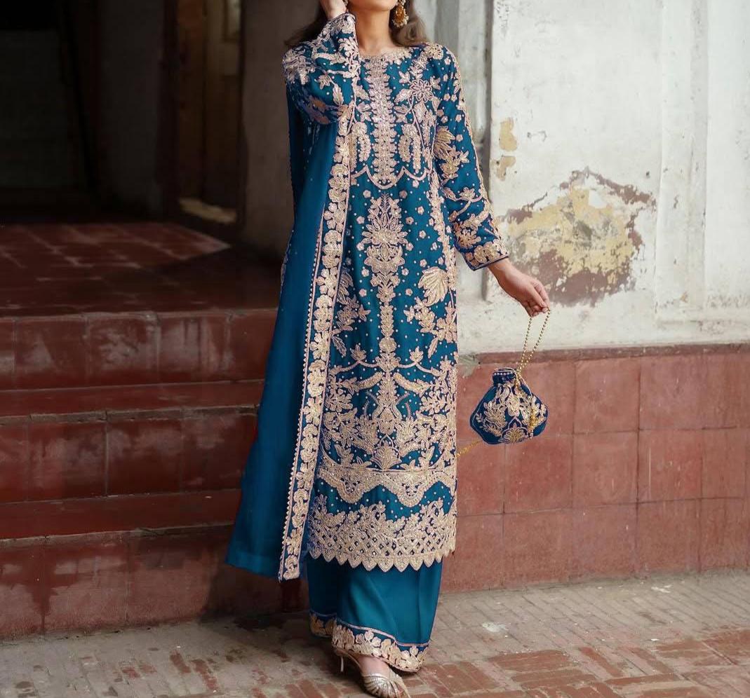 Elegant Blue Faux Georgette Embroidered Sequence Work Suit Set with Dupatta – Fully Stitched