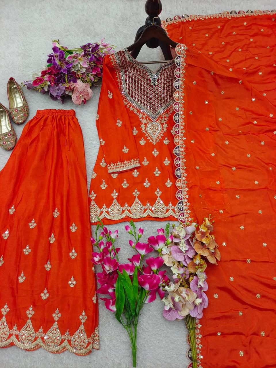 Fanta Orange Kameez & Palazzo Suit Three Piece Set