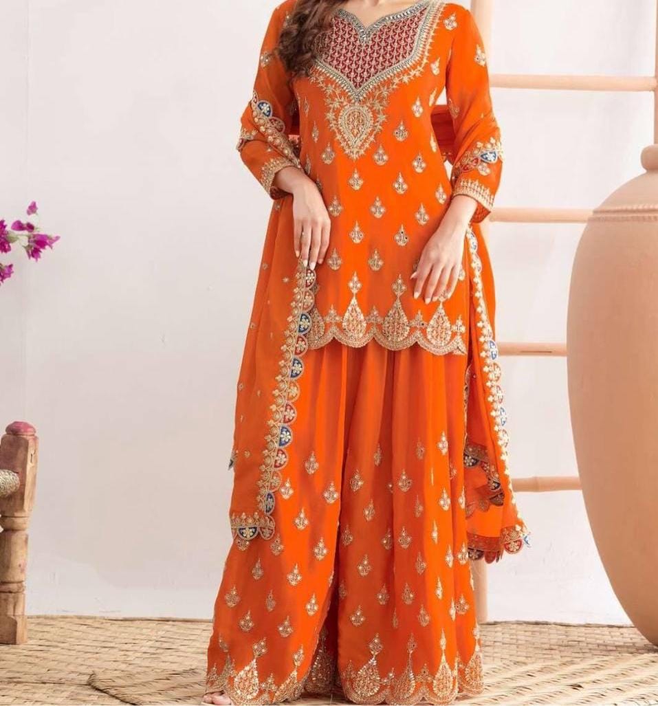 Fanta Orange Kameez & Palazzo Suit Three Piece Set