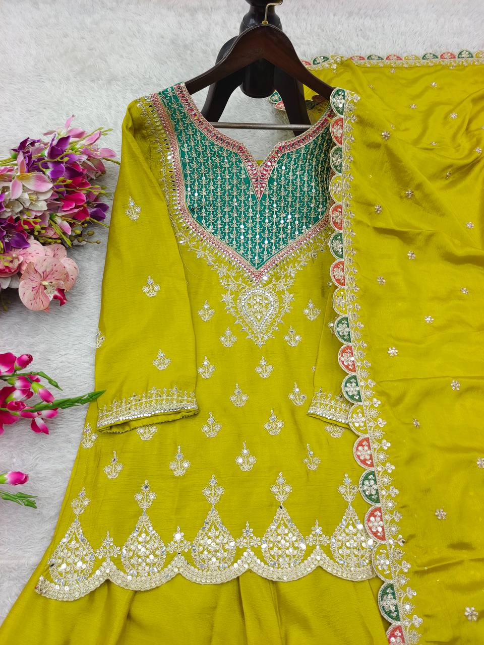 Green Lemonade Kameez & Palazzo With Matching Dupatta - Three Piece Set