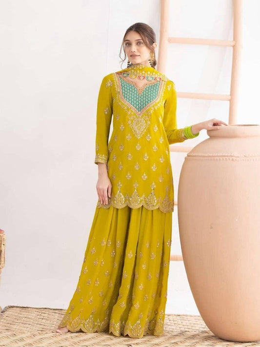 Green Lemonade Kameez & Palazzo With Matching Dupatta - Three Piece Set