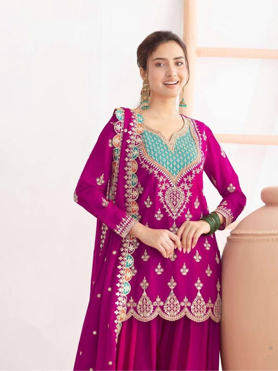 Designer Magenta Kurti & Palazzo With Matching Dupatta - Pakistani Suit For Women's
