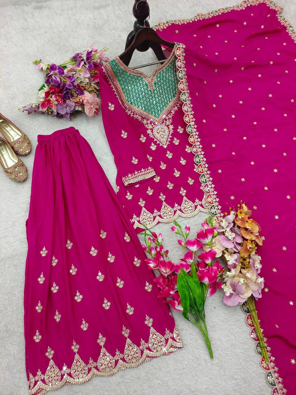 Designer Magenta Kurti & Palazzo With Matching Dupatta - Pakistani Suit For Women's