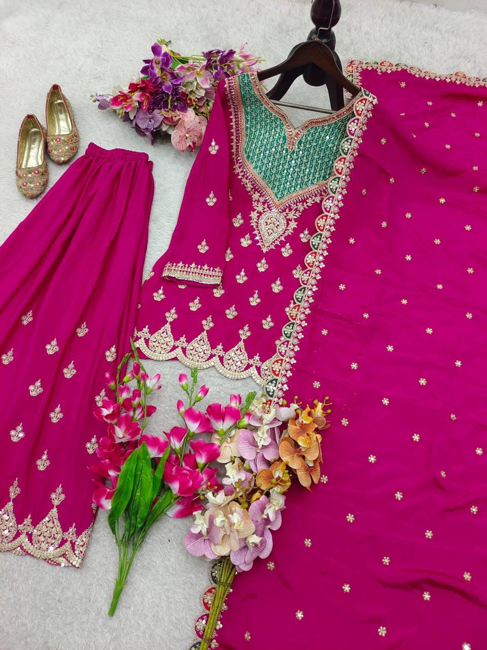 Designer Magenta Kurti & Palazzo With Matching Dupatta - Pakistani Suit For Women's