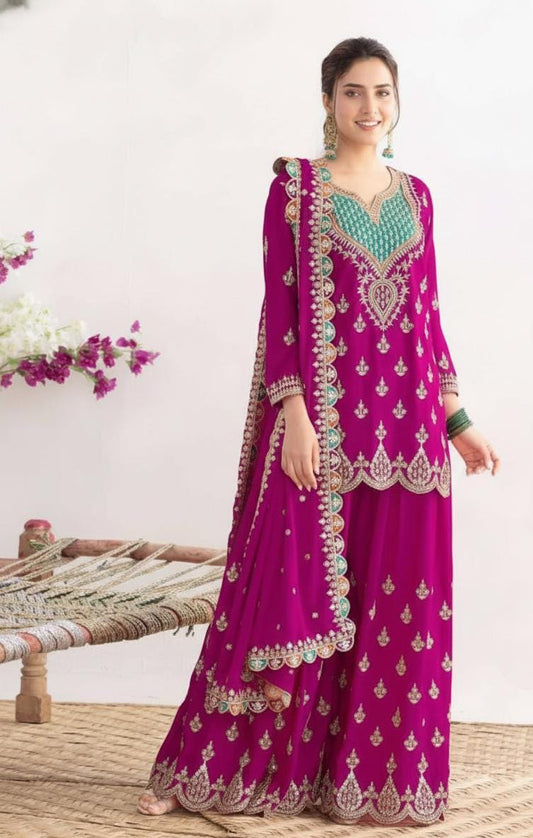 Designer Magenta Kurti & Palazzo With Matching Dupatta - Pakistani Suit For Women's