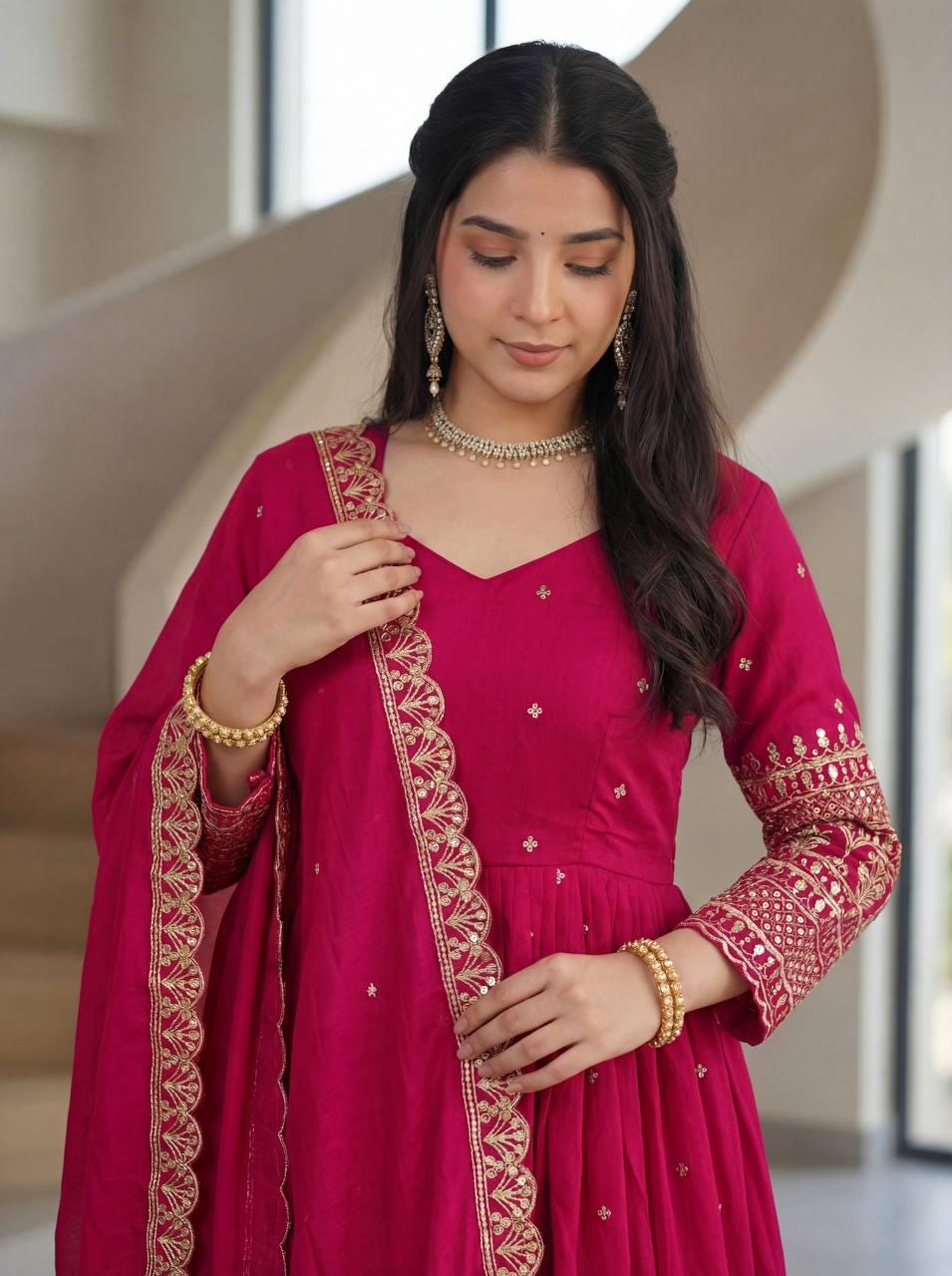 Designer Pink Silk Embroidered Anarkali Suit - Gown For Wedding