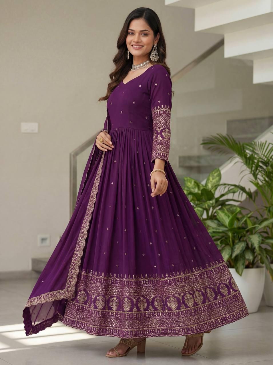 Exclusive Purple Vichitra Silk Embroidered Anarkali Suit - Indian Wedding Gown