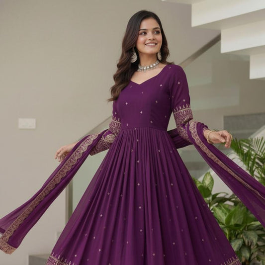 Exclusive Purple Vichitra Silk Embroidered Anarkali Suit - Indian Wedding Gown