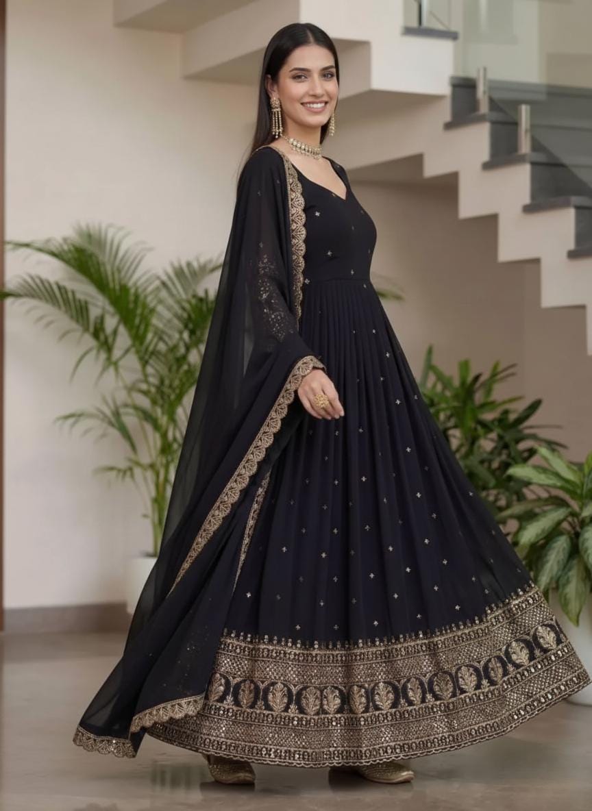 Premium Black Vichitra Silk Embroidered Anarkali Suit - Indian Wedding Wear