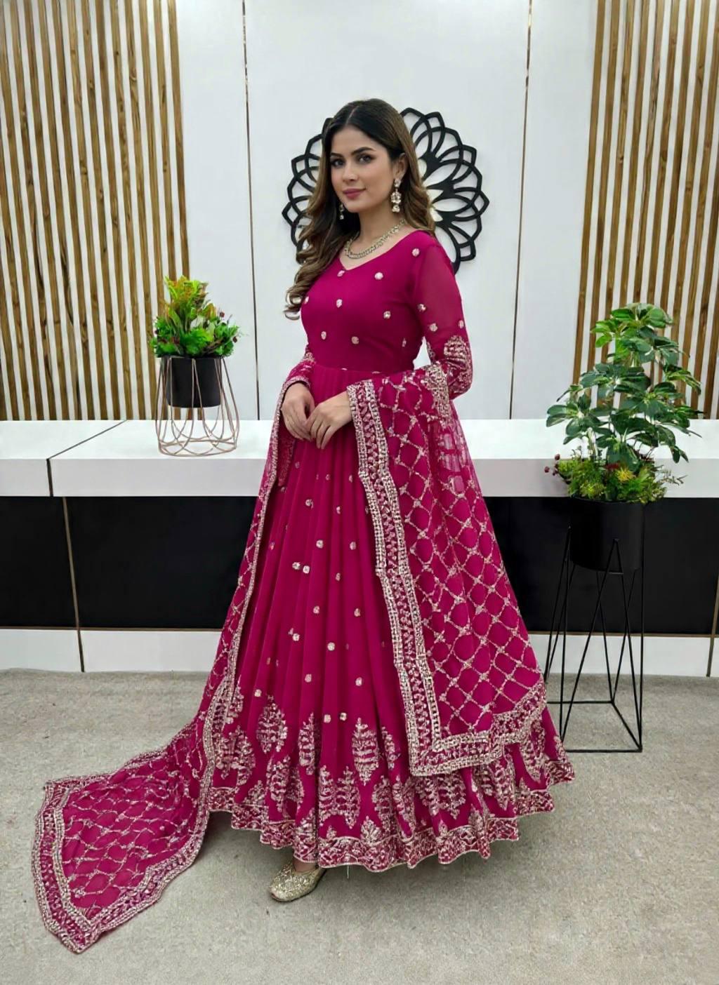 Anarkali Pink Silk Gown For Women's Heavy Faux Georgette Dress