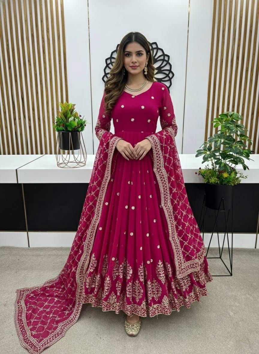 Anarkali Pink Silk Gown For Women's Heavy Faux Georgette Dress
