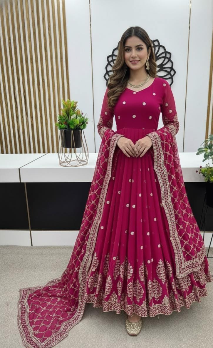 Anarkali Pink Silk Gown For Women's Heavy Faux Georgette Dress