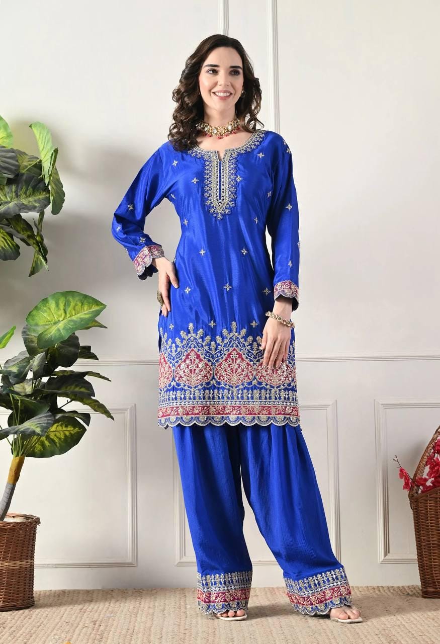 Designer Blue Kurta & Palazzo Suit Set With Matching Dupatta - Farshi Shalwar For Women's
