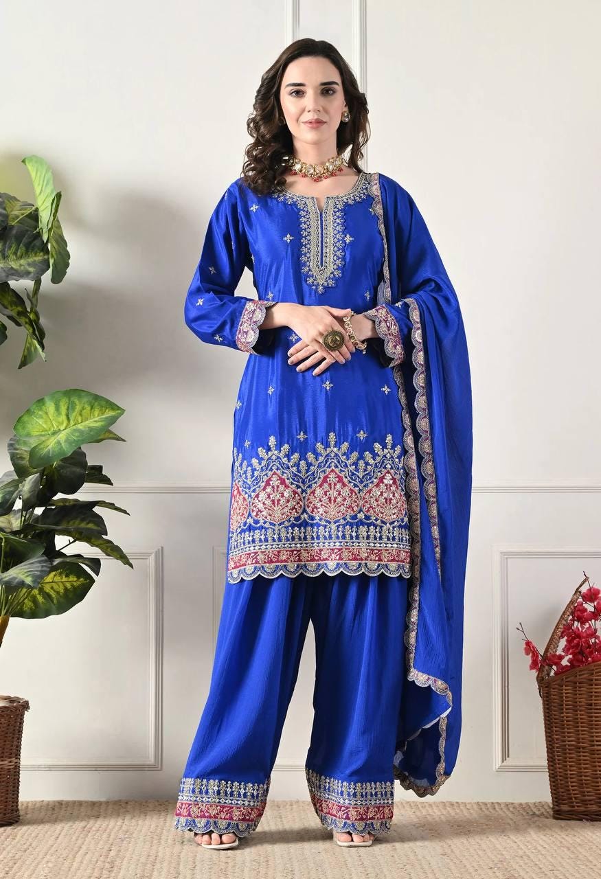 Designer Blue Kurta & Palazzo Suit Set With Matching Dupatta - Farshi Shalwar For Women's