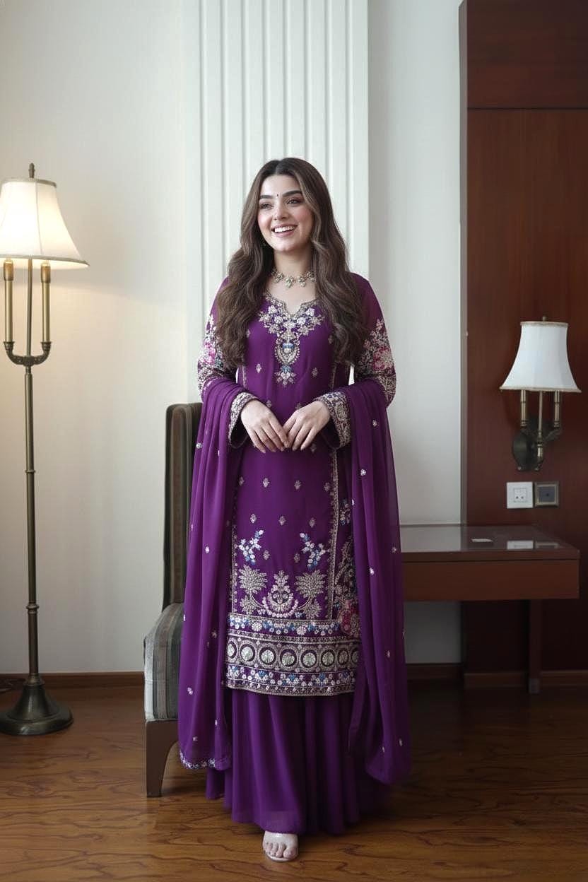 Indigo Royale Purple Fox Georgette Kurti Palazzo Set with Sequence Embroidery & Dupatta - Ready To Wear