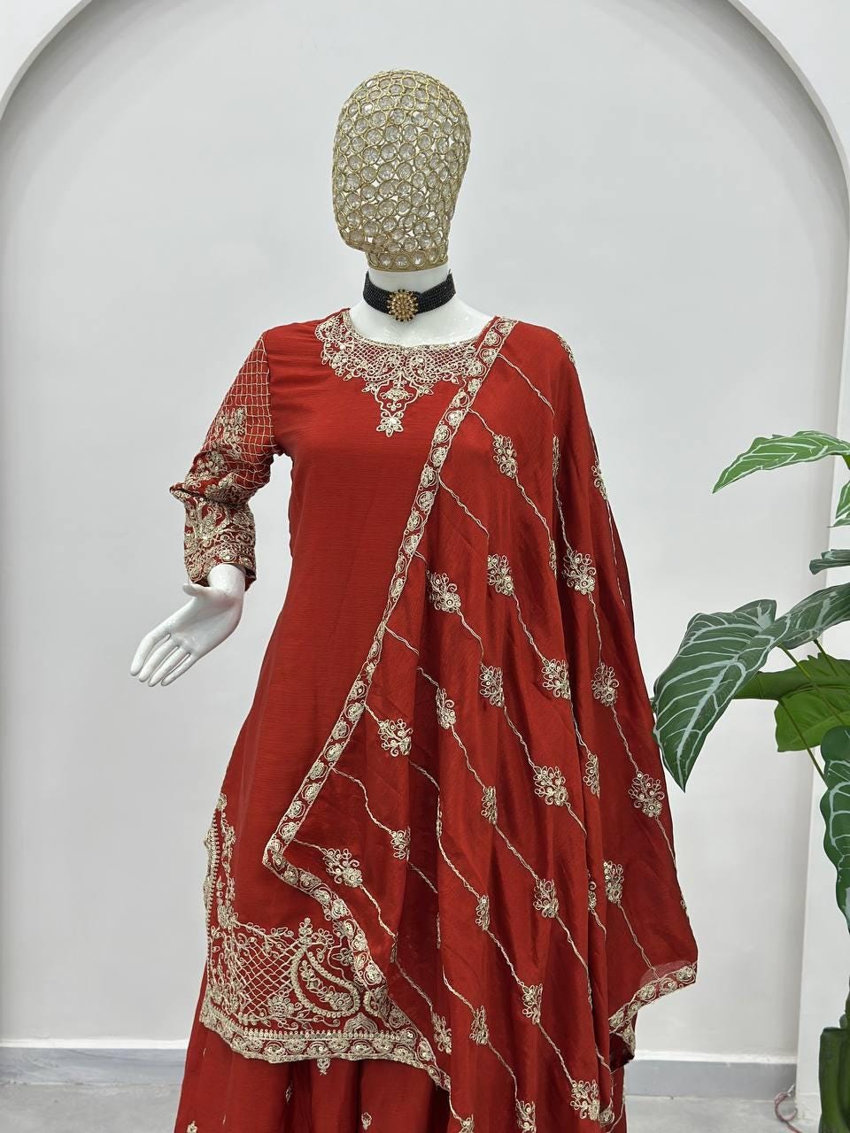 Embroidered Chinon Silk Sharara Suit Set with Dupatta – Suit For Eid