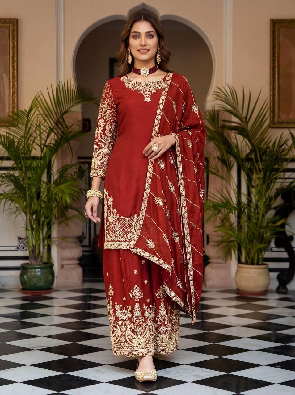 Embroidered Chinon Silk Sharara Suit Set with Dupatta – Suit For Eid