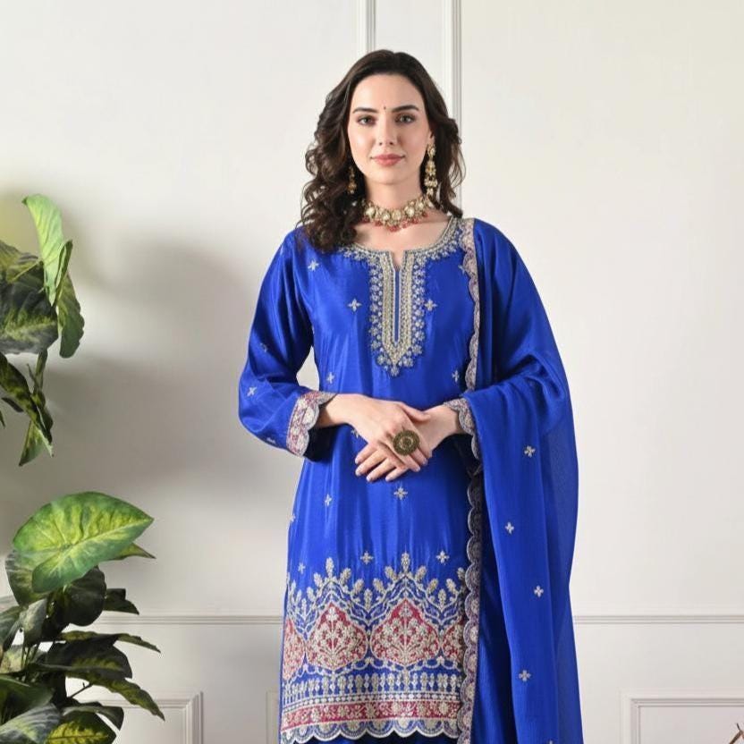 Designer Blue Kurta & Palazzo Suit Set With Matching Dupatta - Farshi Shalwar For Women's