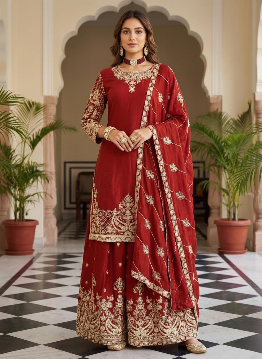 Embroidered Chinon Silk Sharara Suit Set with Dupatta – Suit For Eid