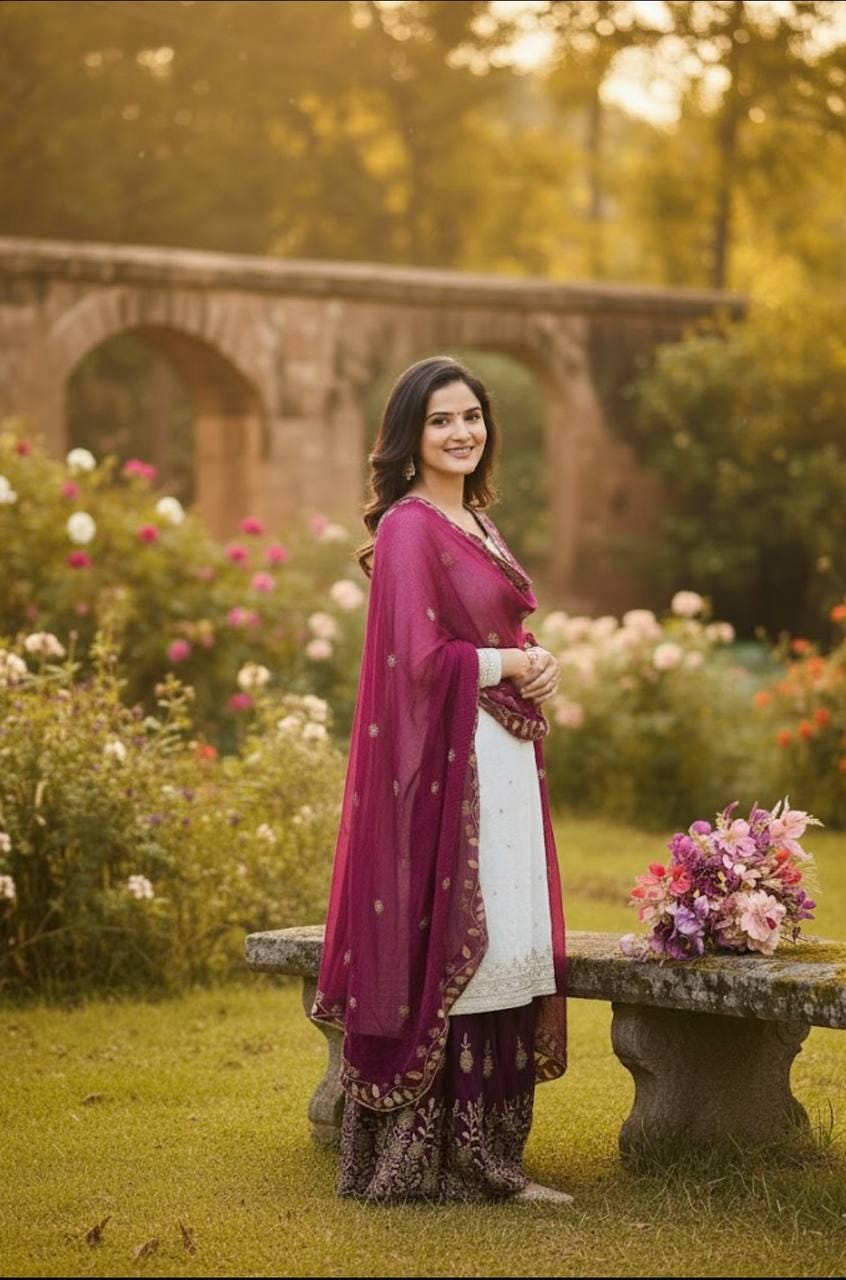Designer White Indian Long Kurta & Purple Palazzo Set With Dupatta Silk Suit For Women's