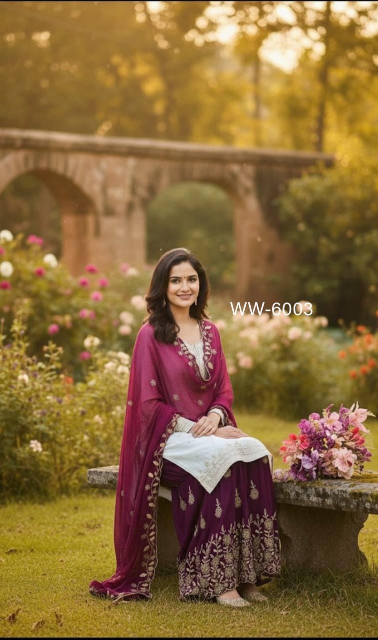 Designer White Indian Long Kurta & Purple Palazzo Set With Dupatta Silk Suit For Women's