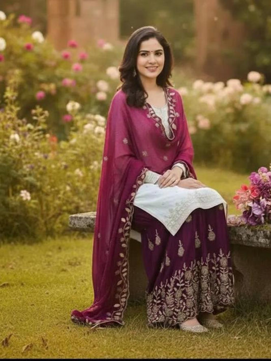 Designer White Indian Long Kurta & Purple Palazzo Set With Dupatta Silk Suit For Women's