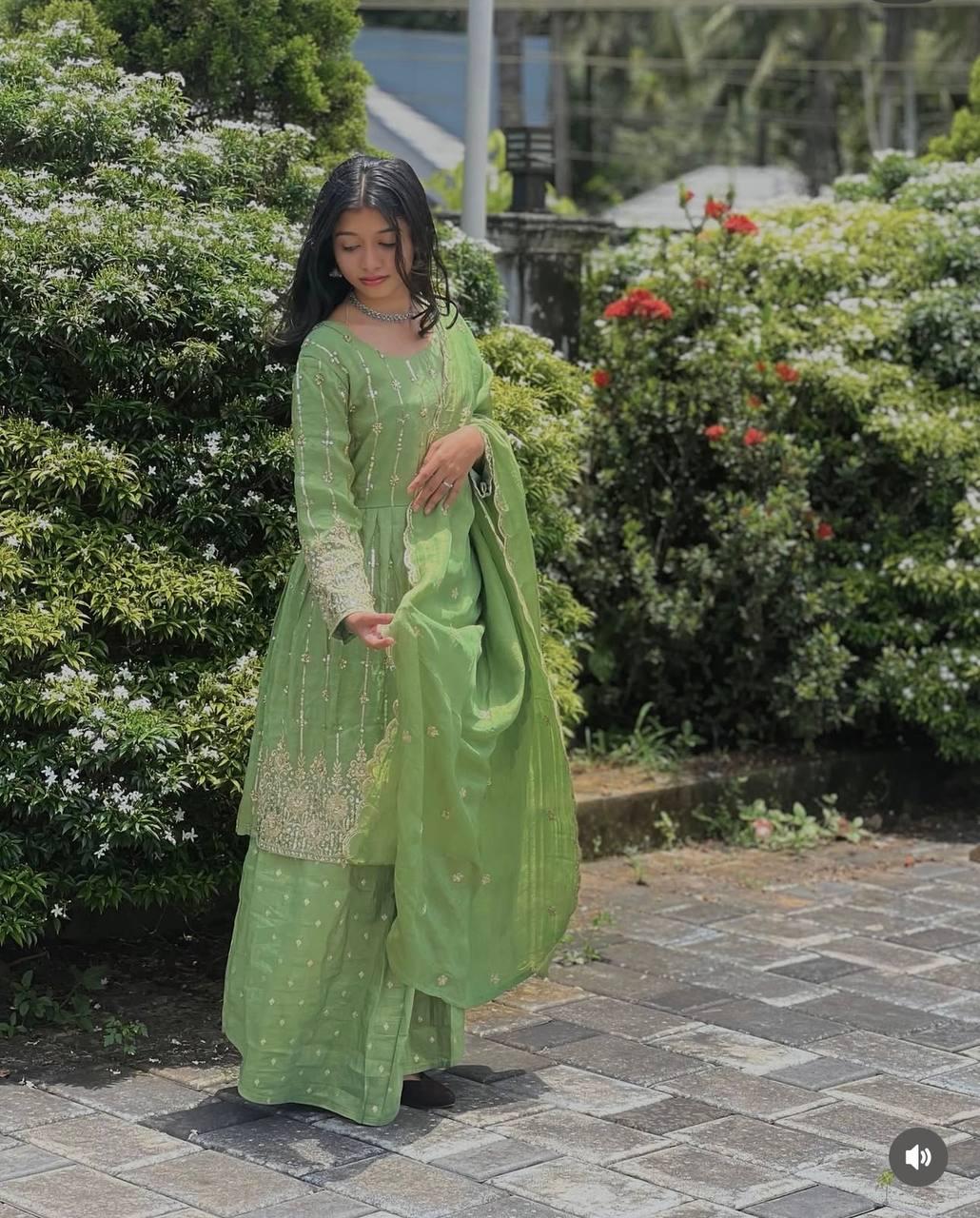 Melon Green Chinon Silk Kediya Sharara With Dupatta Ready To Wear