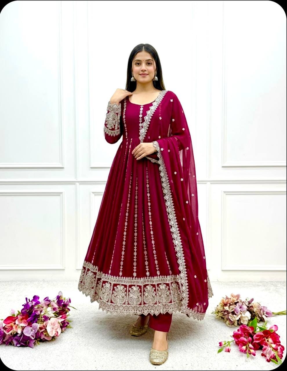 Pink Blooming Georgette Gown–Pant–Dupatta Set Anarkali Dress Women In USA