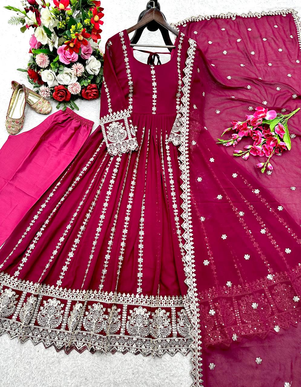 Pink Blooming Georgette Gown–Pant–Dupatta Set Anarkali Dress Women In USA