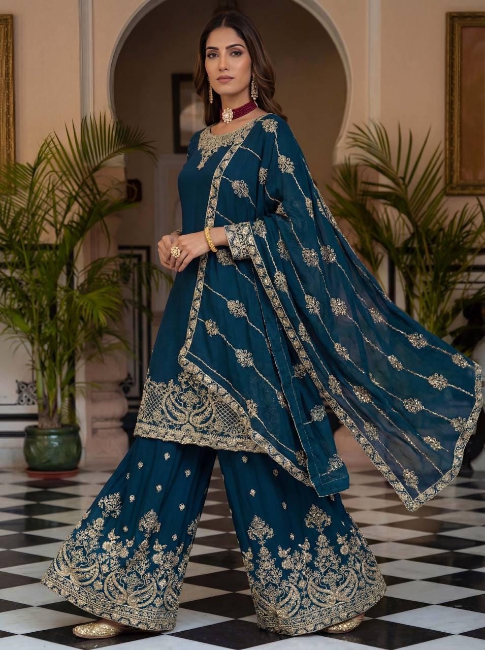 Blue Embroidered Chinon Silk Sharara Suit with Dupatta - Pakistani Wedding Dress