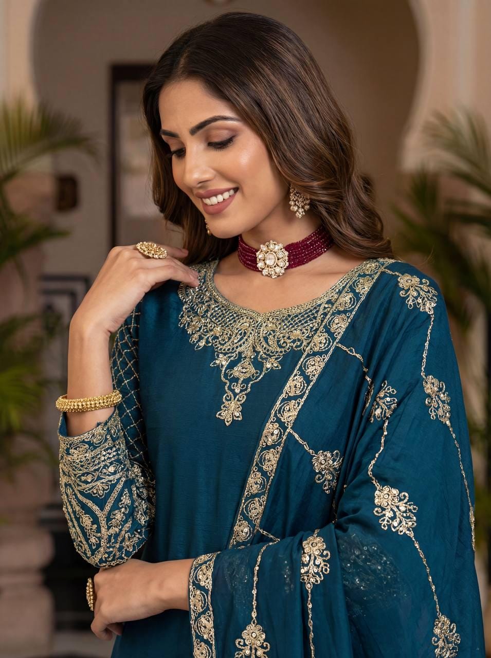 Blue Embroidered Chinon Silk Sharara Suit with Dupatta - Pakistani Wedding Dress