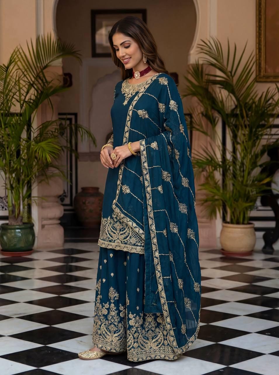 Blue Embroidered Chinon Silk Sharara Suit with Dupatta - Pakistani Wedding Dress