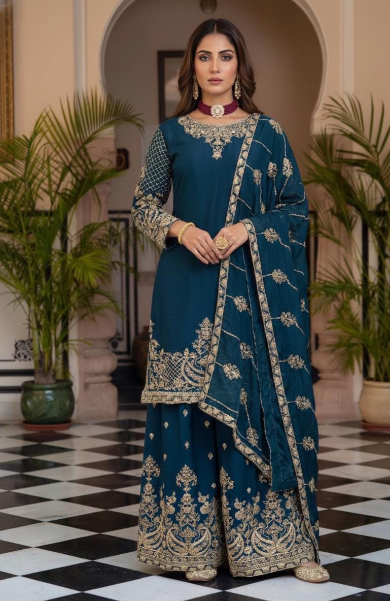 Blue Embroidered Chinon Silk Sharara Suit with Dupatta - Pakistani Wedding Dress
