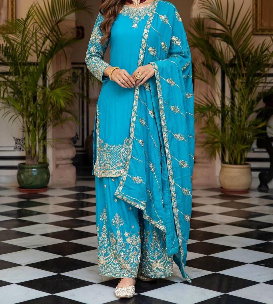 Sky Blue Embroidered Chinon Silk Palazzo Suit with Dupatta | Wedding , Festive Wear
